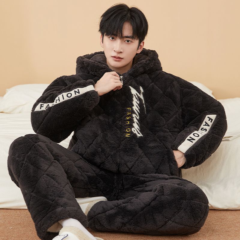 Winter Men's Pajamas with Velvet and Thickeneding, Warm Three-Layer Quilted Hooded Long-Sleeved Pants, Youth Home Clothes That Can Be Worn Outside