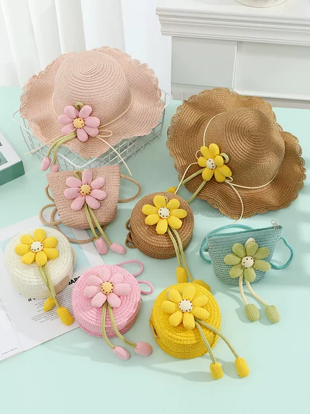 Children's Straw Bag Woven Bag Hat 2025 New Cute Straw Hat Flower Beach Straw Bag Women's Shoulder Crossbody