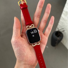 适用苹果新款高级镶钻蝴蝶结皮手表带AppleWatch9876女款表带小众