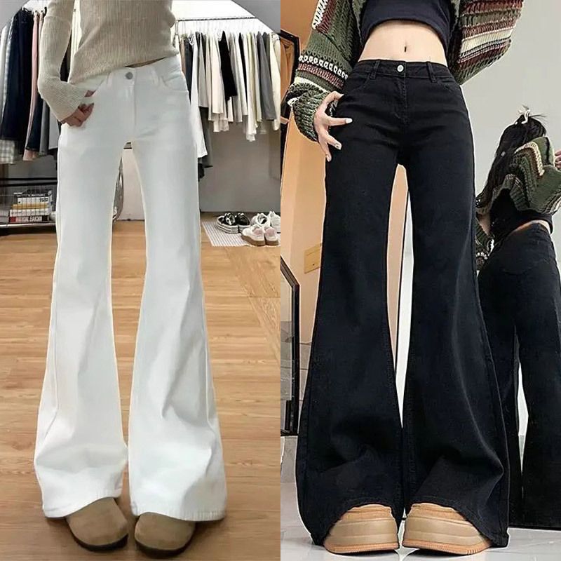 New Korean-Style White Flared Jeans, Low-Rise, Slimming, Loose Straight-Leg, Floor-Length Women's Jeans