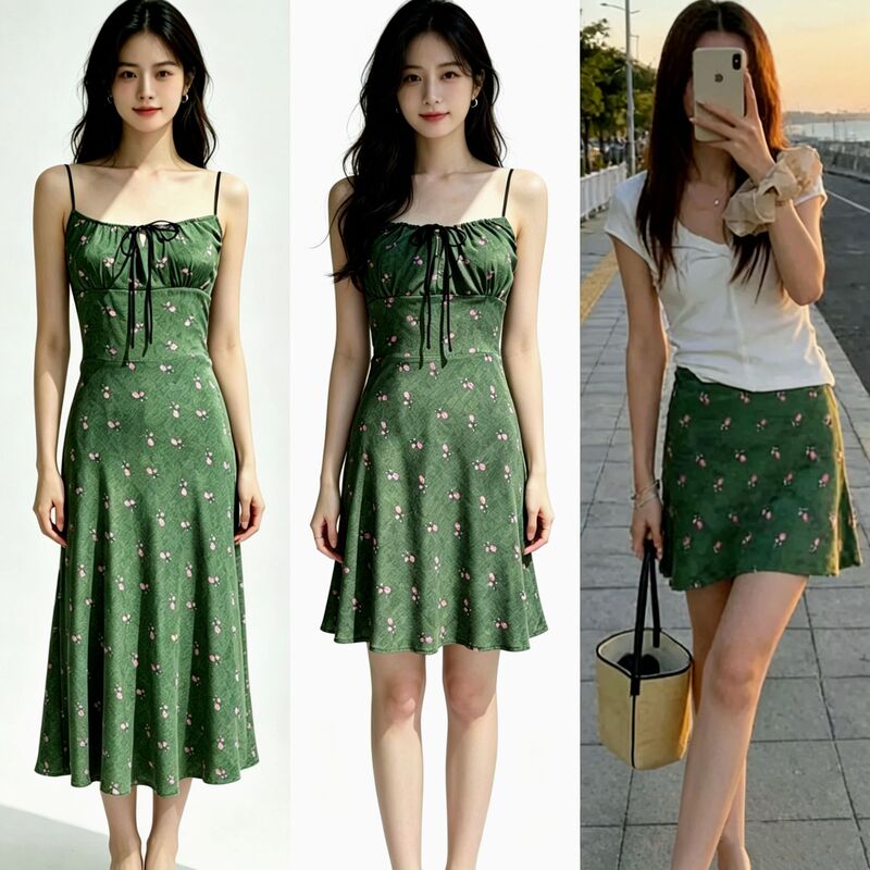 Moss Green Pink Plum French-Style Lazy Sand-Washed Crepe Diagonal Silk Wrap Chest Drawstring Slip Dress + Half Skirt Moss Green Pink Plum French-Style Lazy Sand-Washed Crepe Diagonal Silk Wrap Chest Drawstring Slip Dress + Half Skirt