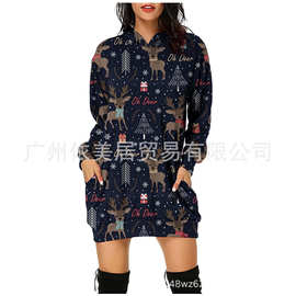 2021欧美跨境外贸亚马逊圣诞节主题驯鹿中长款口袋连帽长袖卫衣女