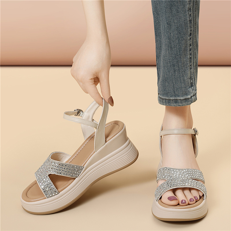 Sandal nữ đế dày đính đá quai ngang chống trượt — 6155 Da đen, 6155 Trắng chi tiết 9