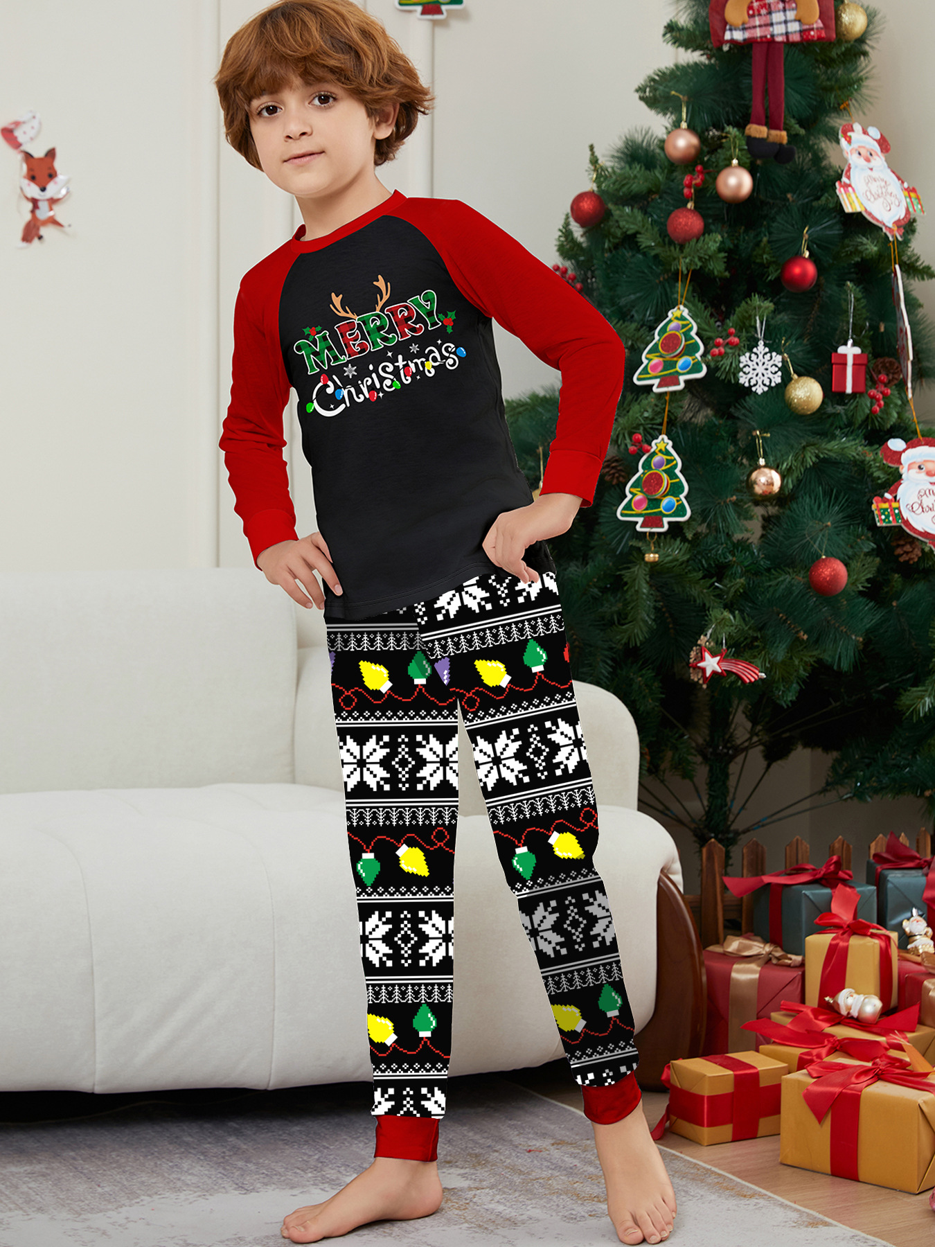 Pyjama imprimé pour la maison avec lettres de Noël et rayures en flocons de neige_voghion.com