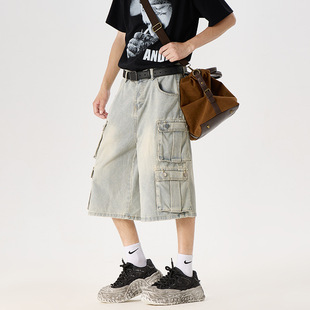 American Retro Washed Distressed Loose Denim Shorts for Women Summer Street Multi-Pocket Slim Cropped Jeans for Men