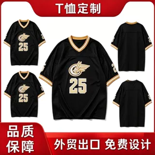 美式复古金绣棒球服运动网眼短袖球衣街头宽松V领T恤 数字刺绣