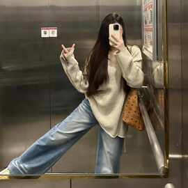 韩系v领针织衫女秋宽松上衣显瘦慵懒风毛衣新款复古外穿冬季长袖