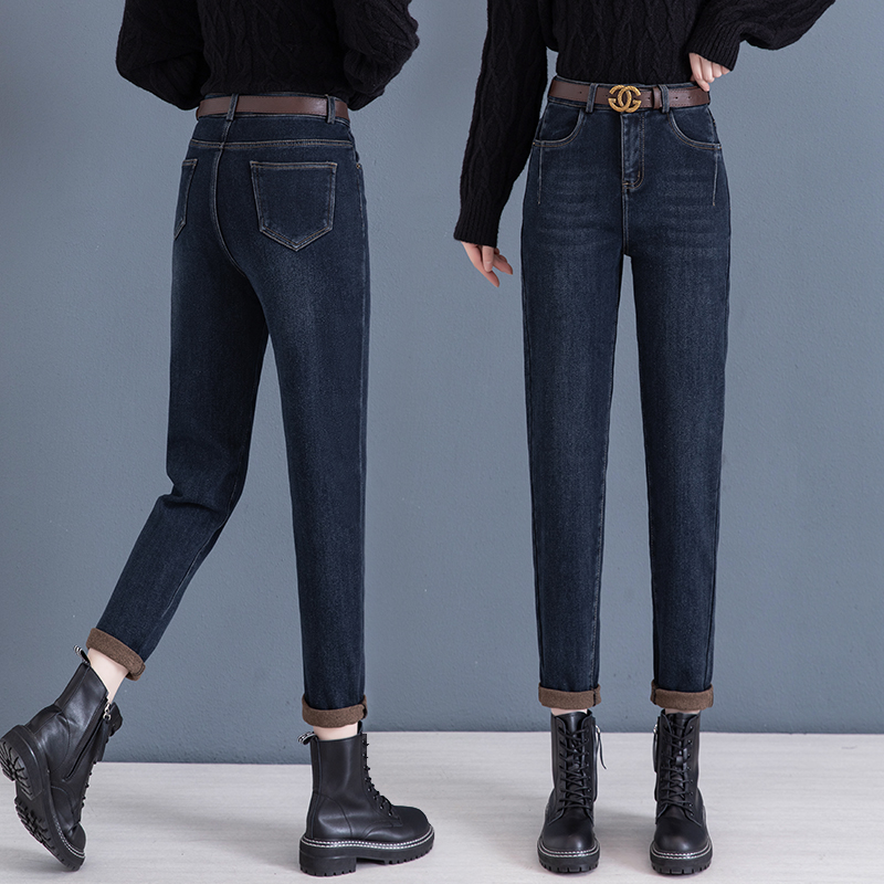 高腰老爹牛仔裤女2025年新款秋冬季加绒显瘦宽松九分哈伦萝卜裤子