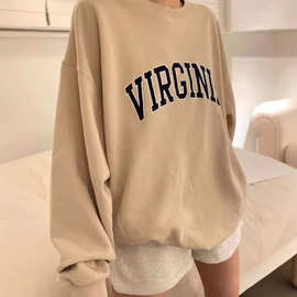BM风秋季新款VIRGINIA字母米色圆领套头卫衣bm宽松慵懒风外套上衣