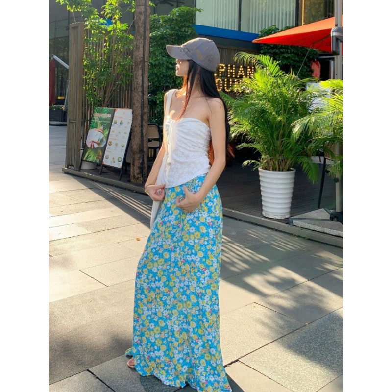 海边度假风套装法式抽绳抹胸背心上衣女夏季蓝色碎花半身裙两件套|undefined