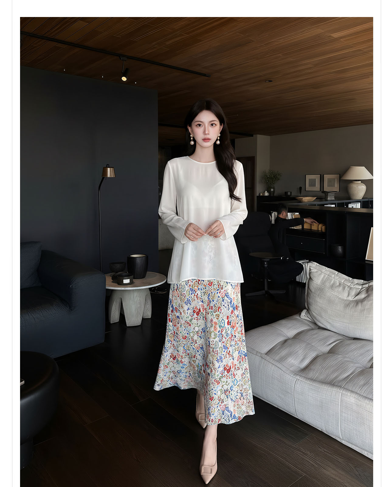 Chân váy xếp ly nữ họa tiết hoa nhí cao eo phong cách tân cổ điển — Hoa văn trắng, Hoa văn đen chi tiết 2