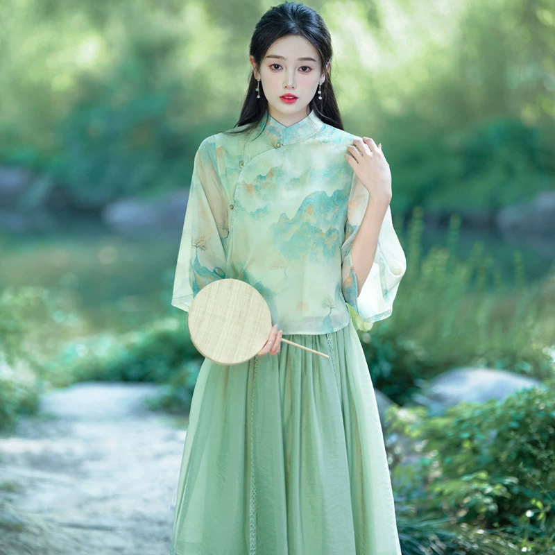 Новый китайский стиль Ретро воротник-стойка Национальный стиль зеленый принт темперамент Улучшенный костюм Тан Ханфу дзен чайный Костюм Фея