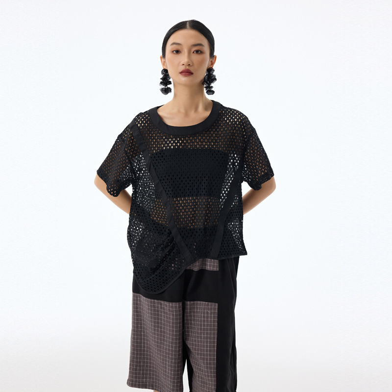 2026 Mesh T-shirt for women, summer loose fit, unique and individualistic, irregular, casual style, short-sleeved, hollow-out top 2026 Mesh T-shirt for women, summer loose fit, unique and individualistic, irregular, casual style, short-sleeved, hollow-out top