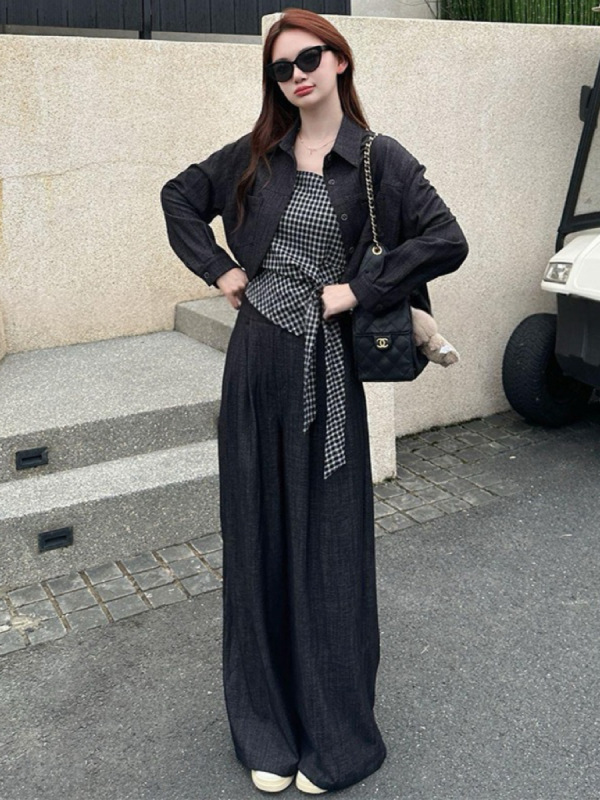 初秋超火穿搭一整套装女韩系气质松弛感格子背心外套阔腿裤三件套|undefined