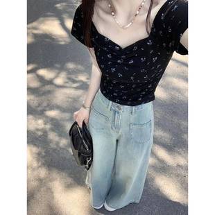 Dopamine French Hot Girl Floral Square Neck Short Sleeve Shirt Slim Summer New Short Top for Small Women