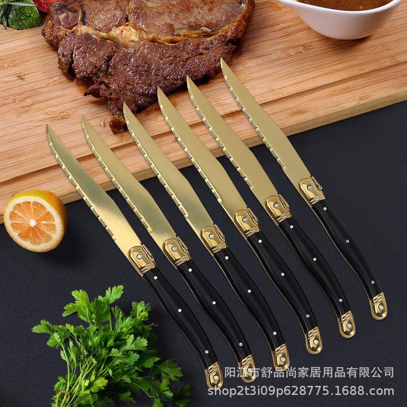 Titanium-plated Golden Stainless Steel Steak Knife Western Tableware Restaurant Household Western-style Steak Knife Plastic Handle Knife Western Knife