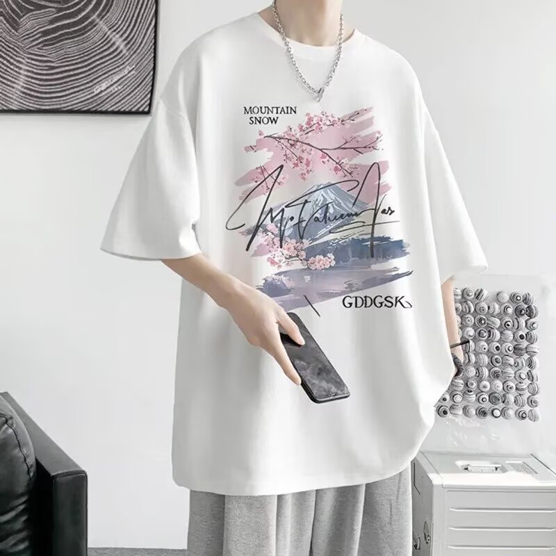 香港スタイルの夏の純綿厚手の半袖Tシャツ、パーソナライズされたプリント、トレンディなメンズカジュアル、多用途、ラウンドネック、ルーズ、多用途、半袖|undefined