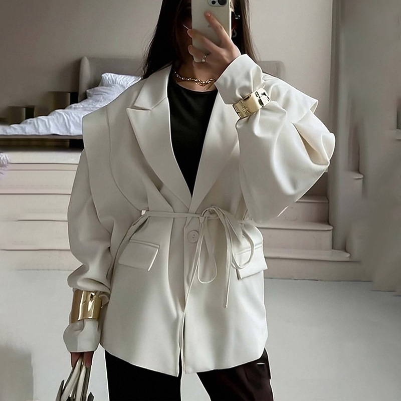 Blazer Women's High-End 2025 Spring & Fall European and American Women's Elegant Work Clothing Waist-Cinching Lace-Up Shoulder Pad Blazer
