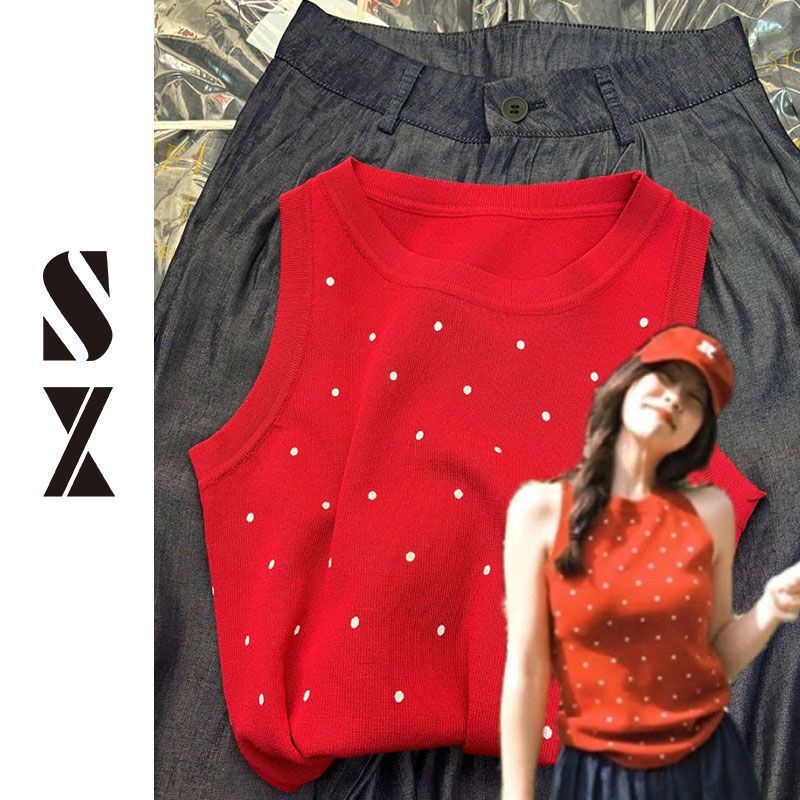 Retro Red Sleeveless Camisole Women's Covering Paramilis Outer Wear Polar Dot I-Back Waistcoat Sweet Spicy Slim Top Trendy Retro Red Sleeveless Camisole Women's Covering Paramilis Outer Wear Polar Dot I-Back Waistcoat Sweet Spicy Slim Top Trendy