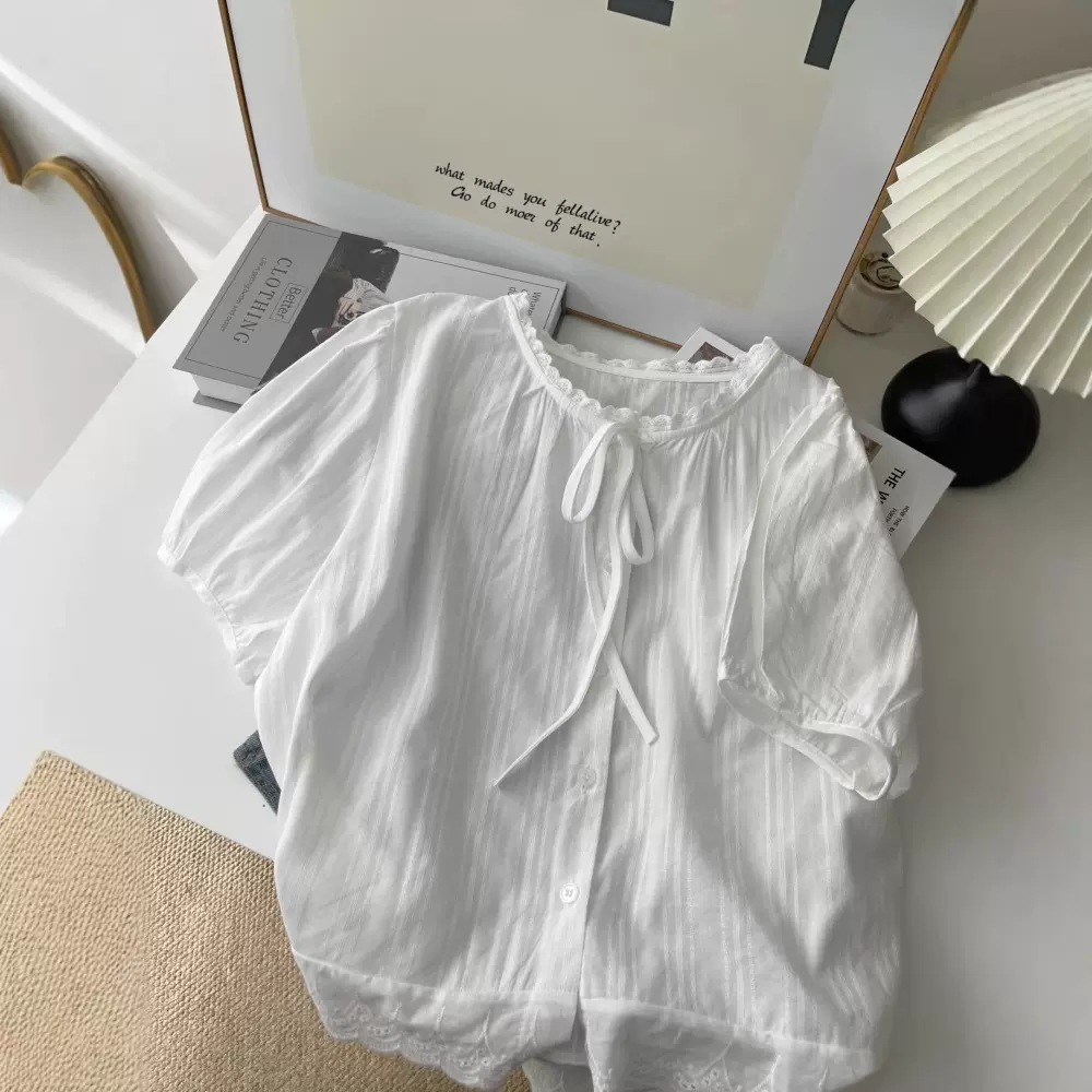 自留款~法式刺绣系带短袖衬衫女夏季宽松泡泡袖短款小衫上衣5849