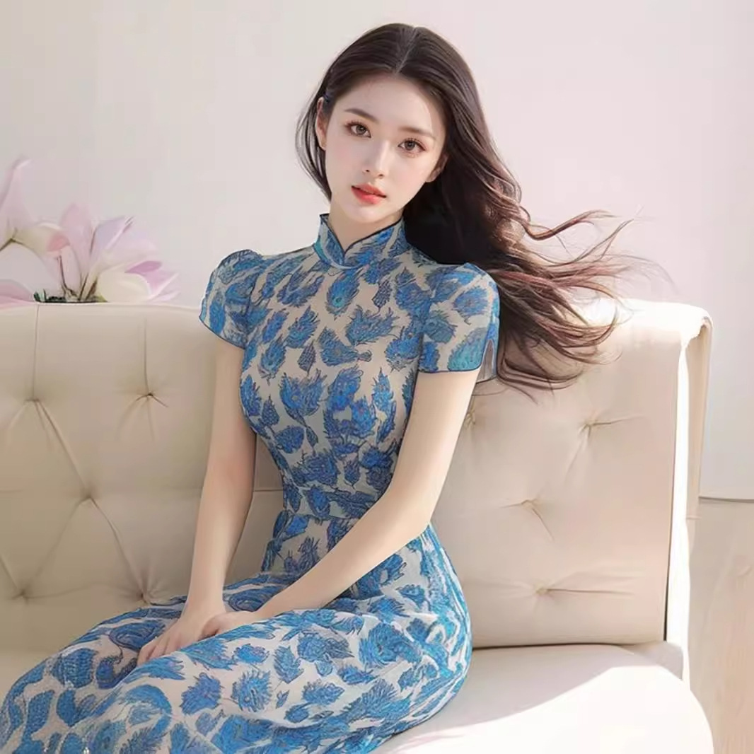 Váy dài phong cách Trung Quốc mới mùa hè FL240348 in hoa xanh lam thắt eo — Màu xanh lam