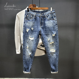 Men's Distressed Ripped Jeans Summer Casual Trendy Brand 2025 New Loose Straight Stretch Cropped Pants Thin