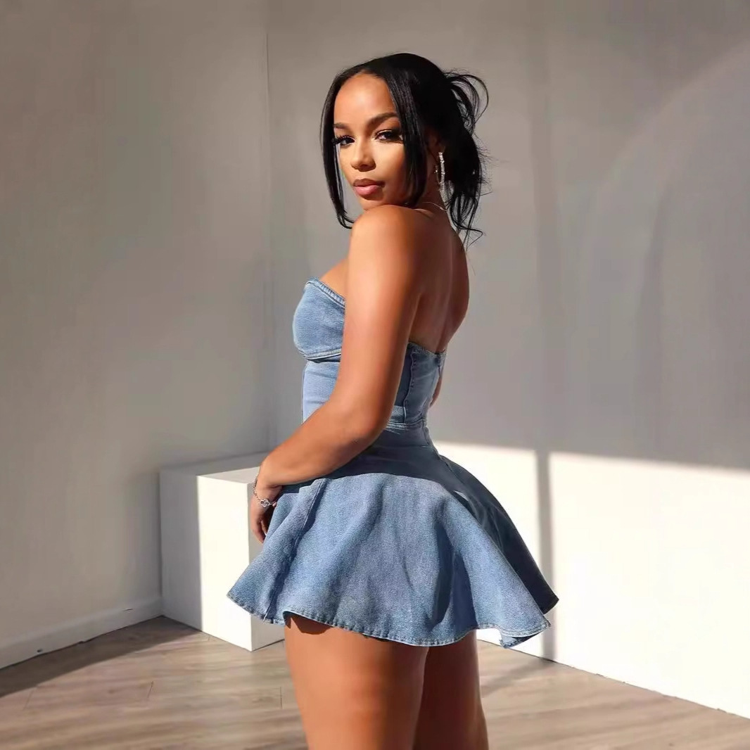 Women's Sleeveless Bust Denim Mini Dress Sexy Hot A-Line American Style Fashion Temperament Dress For Girls_ecoleips.com