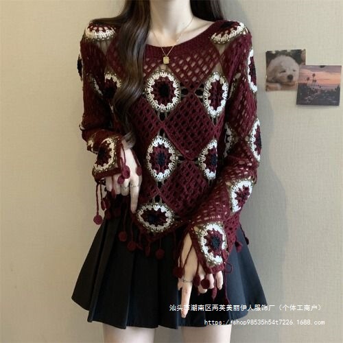 2025 Early Autumn New French Crochet Cut Out Knitwear Women's Large Size Fat mm Outer Blouse Tassel Top Spring