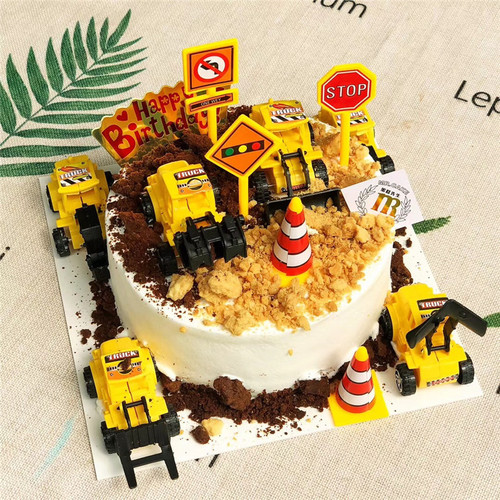 Baking cake decoration excavator excavator engineering vehicle cake ornaments road signs traffic instructions birthday decoration