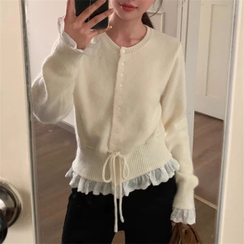 Gentle Style Lace Splicing Knitted Cardigan Jacket for Women, Spring and Autumn Korean Style Drawstring Waist Slimming Knitted Cardigan Top Gentle Style Lace Splicing Knitted Cardigan Jacket for Women, Spring and Autumn Korean Style Drawstring Waist Slimming Knitted Cardigan Top
