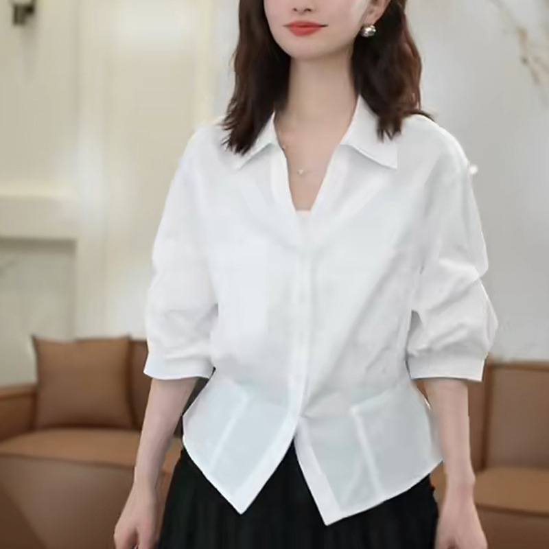 2025夏季开衫流行风格松弛感女白色法式知性薄款独特短袖衬衫|undefined