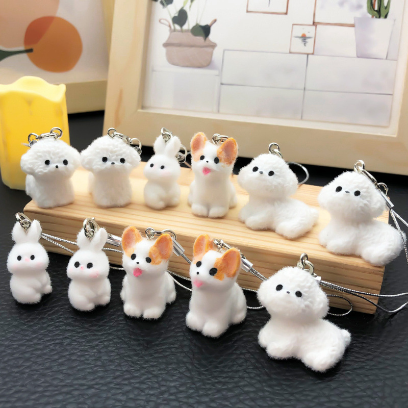 樹脂植毛立体漫画かわいいコーギーテディ子犬ウサギキーホルダー携帯電話ロープジュエリーペンダント|undefined