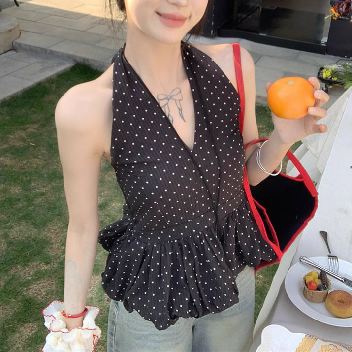 블랙 폴카 도트 스위트 스타일 홀터넥 V 넥 조끼 여성 여름 디자인 틈새 슬림 피트 시크 아름다운 탑