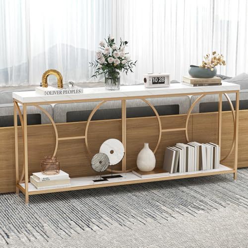 Cross-Border Exclusive Sale of Double-Layer Extra-Long Gold Entryway Table with Storage Shelves, Faux Marble Tabletop, Narrow Style Cross-Border Exclusive Sale of Double-Layer Extra-Long Gold Entryway Table with Storage Shelves, Faux Marble Tabletop, Narrow Style