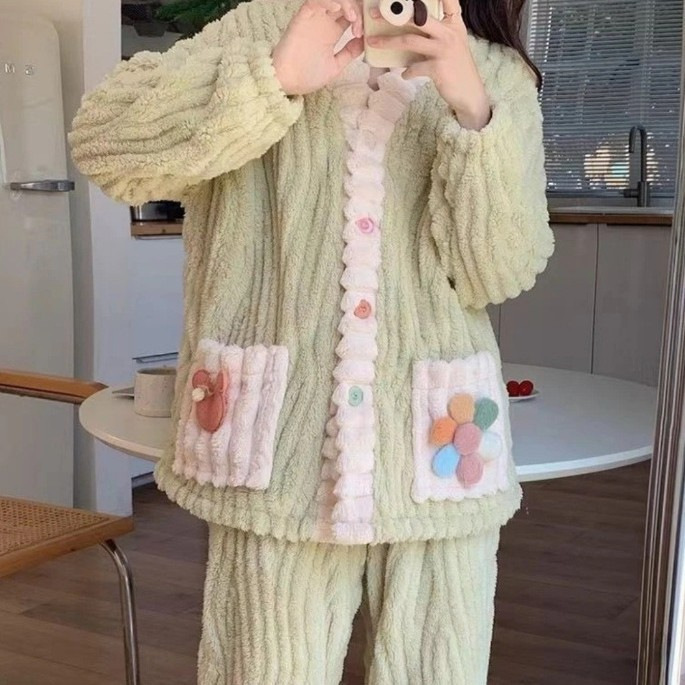 彩虹睡衣套装女秋冬法兰绒加厚保暖睡袍甜美纽扣开衫家居服可外穿|undefined