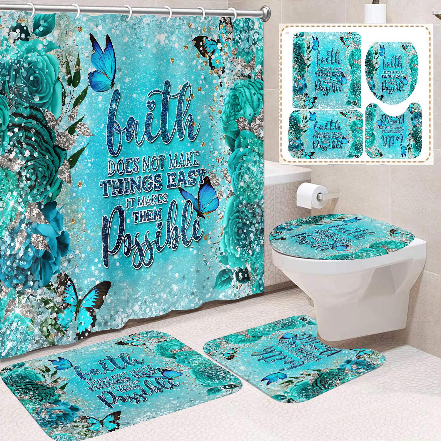 Transfronterizo Amazon cortina de ducha de color degradado cortina de baño letra patrón de mariposa cortina de ducha impermeable y a prueba de moho image 46