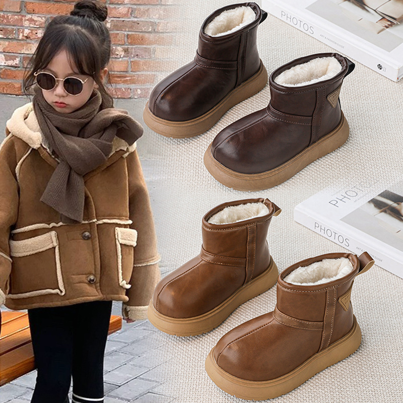 Niños cuero impermeable padres-hijos zapatos de nieve para niños y niñas calentamiento de lana gruesa zapatos de algodón grueso suela gruesa 2025 invierno