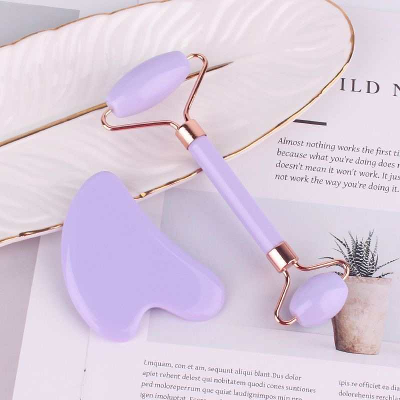 masajeador de rodillos de cristal de polvo en forma de corazón, masajeador de rodillos de doble cabeza, placa de belleza facial de cristal rosa