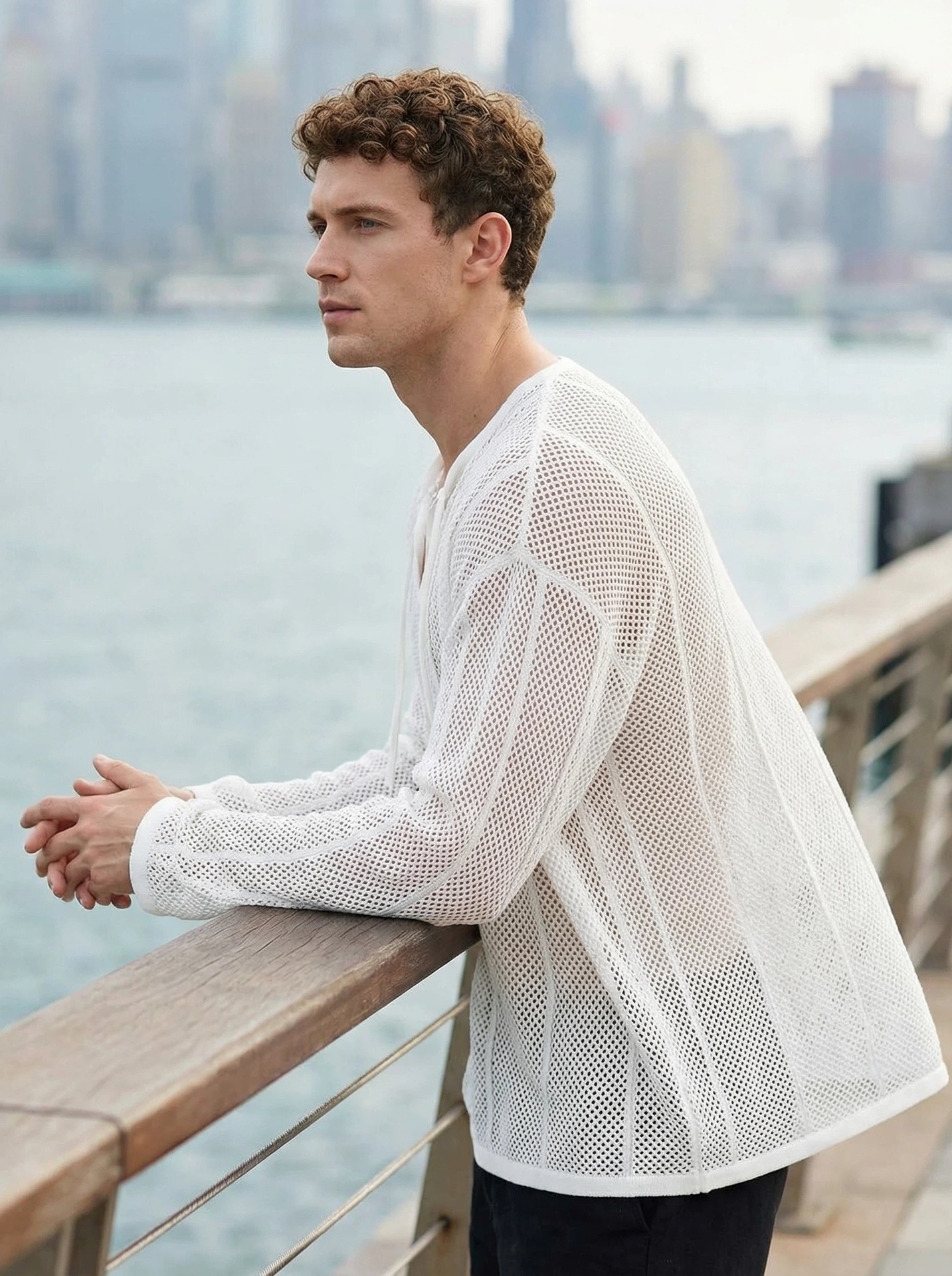 Herren Grobstrick Pullover Mit V-ausschnitt Langarm Strandhemd_voghion.com