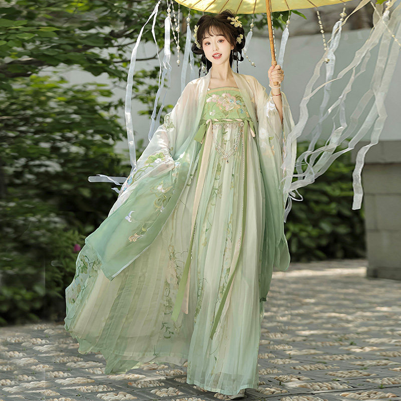 Luozhu Original Hanfu for Women [Spring Bamboo Branch River] Tang Dynasty Style Qi-Xiong Hezi Skirt with Wide Sleeves, National Style Princess Dress, Autumn Style