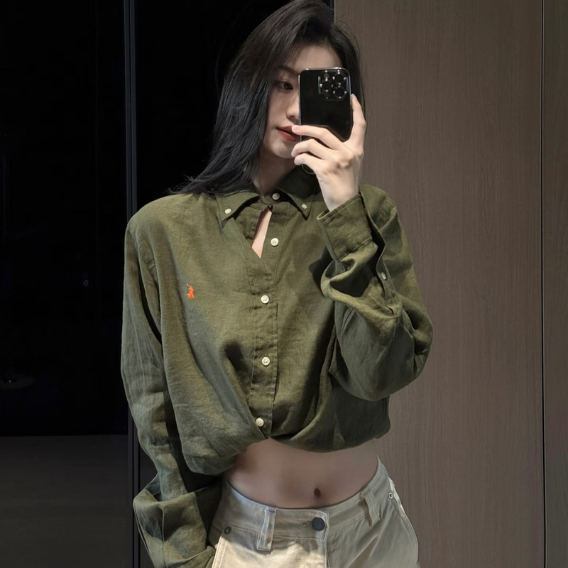 Rl Ralph Linen Shirt, Unisex, with Pony Embroidery, Versatile and Stylish, Cotton-Linen Loose Long-Sleeve Top, Scannable Qr Code
