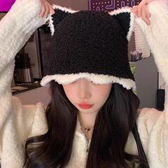 渔夫帽子可爱猫耳朵毛线帽秋冬保暖日系针织盆帽女显脸小水桶冷帽