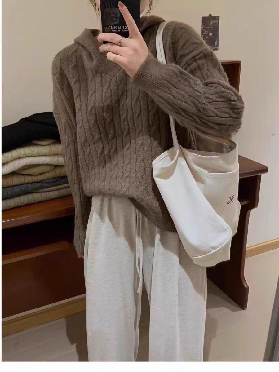 秋冬の新型フード付きウールセーター女性麻花ゆるいセーターレトロな日系のニットシャツの厚さ