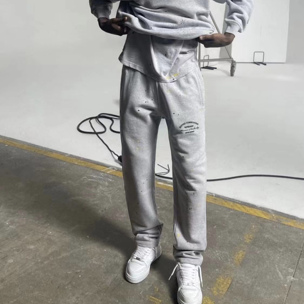 Americano retro representan carta eslogan impresión hecho a mano Splash-tinta cordón Terry sweatpants Pantalones rectos