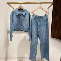 フランス式の小衆2025早春の新型ファッション重工ドリルのショートデニムのコートのカジュアルなハイウエストのワイドパンツ