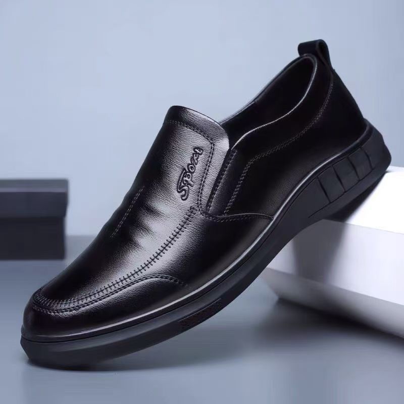 Business Comfortable Men's Casual Leather Shoes, Middle-Aged and Elderly Leather Shoes, British Style Four-Season Fashion Soft-Soled Slip-On Round-Toe Shoes