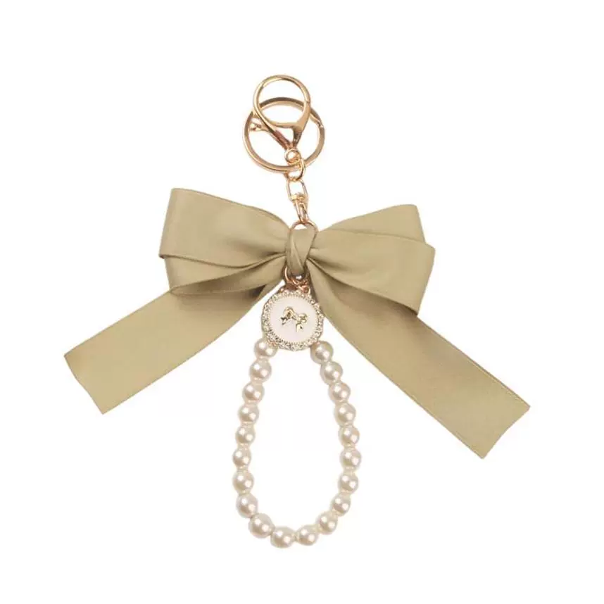 Брелок keychain с жемчужным подвесом и бантом из ленты, петля из бусин, 12×9 см