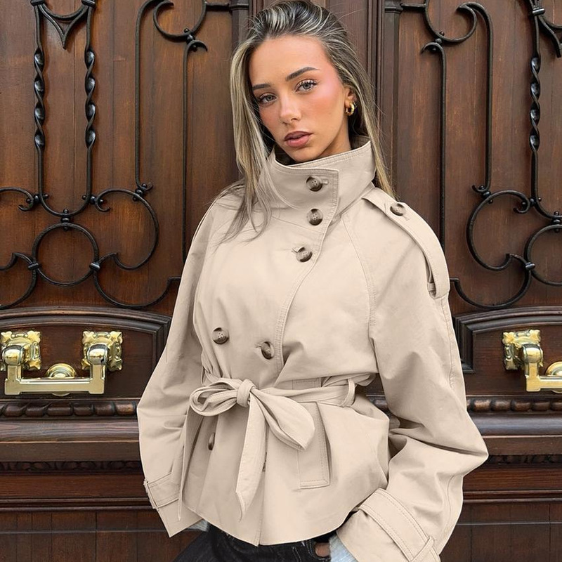Za Cross-Border European and American Foreign Trade Women's Clothing, Popular on Aliexpress, Autumn Double-Breasted Belted Long-Sleeve Short Trench Coat
