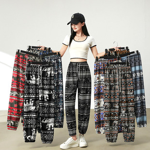 Thai Elephant Pants for Women 2025 Summer Ethnic High-Waisted Straight Wide-Leg Jogger Cropped Pants Printed Beach Lantern Pants