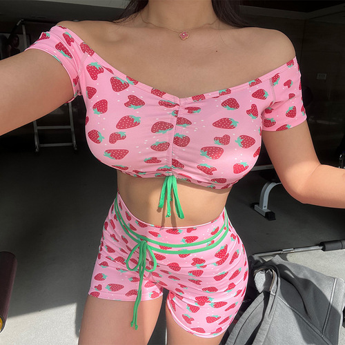 Brazilian MBR Strawberry Print Yoga Suit Women's Summer Tie Rope Sports Top Peach Butt Sports Fitness Wear
